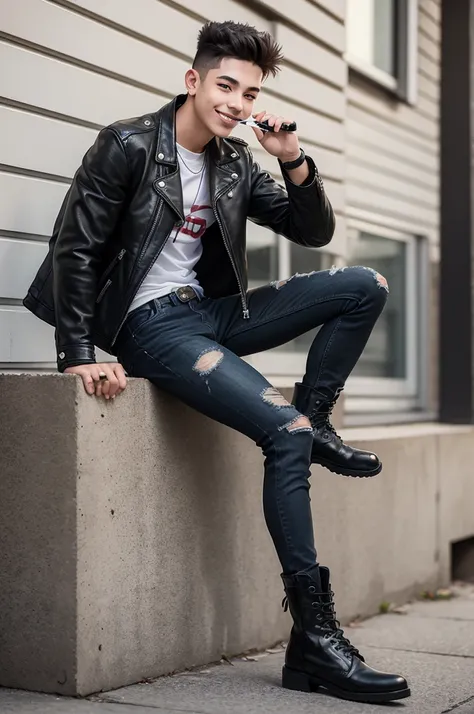 a male teenager, smoking a cigarette stepping on a box while smiling. leather jacket, ripped jeans and black combat boots