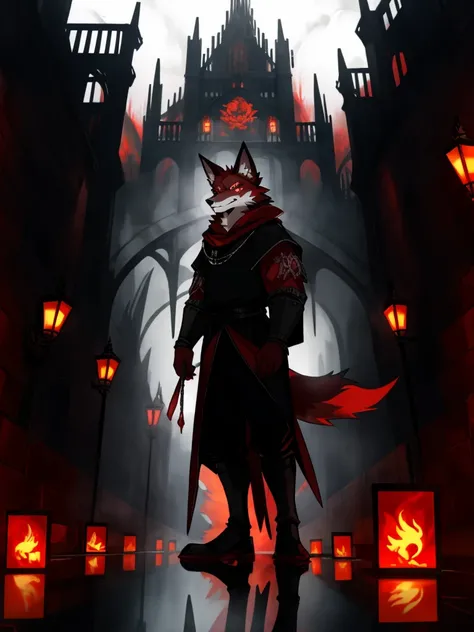 furry,sclera，red iris，A pack of red wolves Fury，Illustration of many red wolves,,Lights and reflections, heavily clouded, Architecture of medieval Europe, Glazed tiles,Hell version of the background