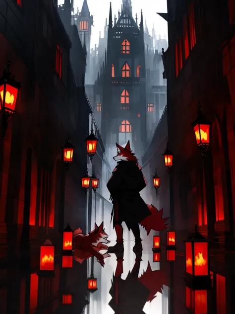 furry,sclera，red iris，A pack of red wolves Fury，Illustration of many red wolves,,Lights and reflections, heavily clouded, Architecture of medieval Europe, Glazed tiles,Hell version of the background