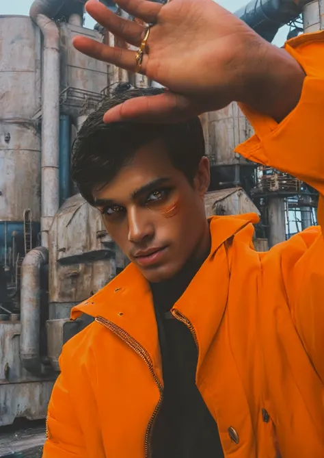 a young man with glowing red eyes and golden facial markings, dressed in an eye-catching orange coat that makes him stand out against the metallic and industrial background.