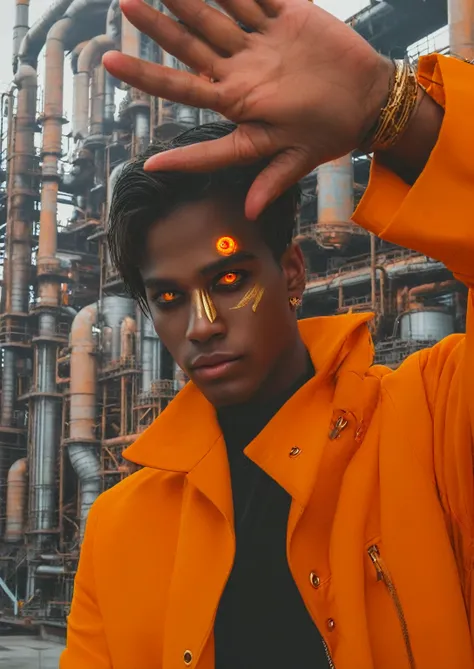 a young man with glowing red eyes and golden facial markings, dressed in an eye-catching orange coat that makes him stand out against the metallic and industrial background.