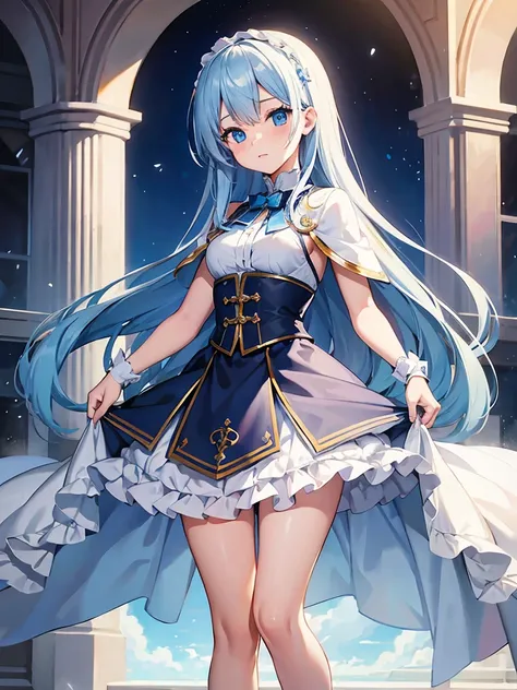 masterpiece,high quality,(full body 1.2),animated standing portrait, white cape and blue shirt,(blue hair 1.4),anime girl with l...