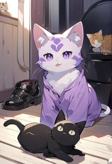 Keito。Purple hoodie。Black Skirt。Purple Eyes。Purple Hair。Black shoes下。Black shoes。   cat