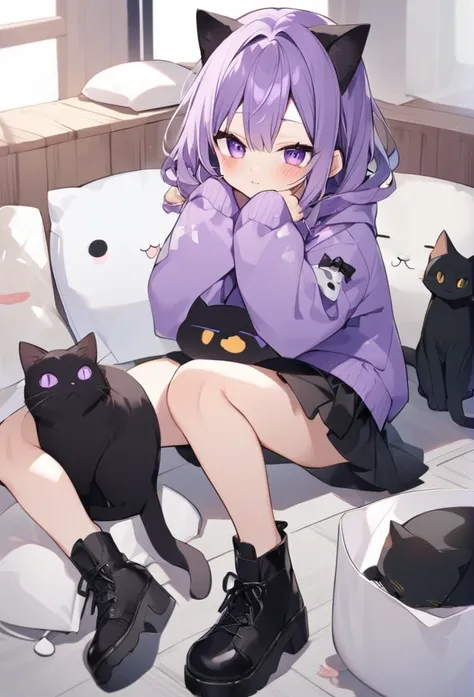 Keito。Purple hoodie。Black Skirt。Purple Eyes。Purple Hair。Black shoes下。Black shoes。   cat