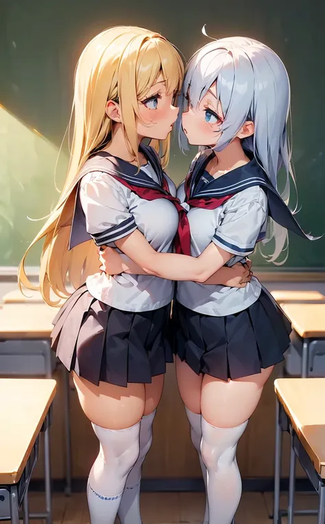 (Cute eyes:1.2), (classroom:1.2),(Beautiful Eyes:1.2), Highest quality,wonderful,finely,Highly detailed CG Unity 8k wallpaper, (Hug from behind:1.3),(kiss:1.3),(Two people with height difference:1.5), (Two Girls, Sailor suit, Skinny body, Dressed), (Huge b...