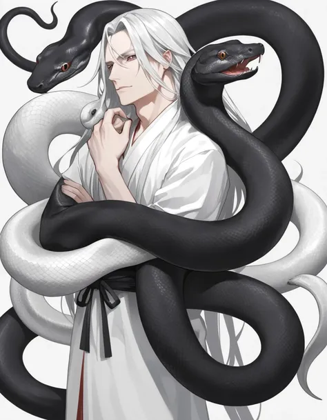 Long hair man，White snake and black snake coiled around