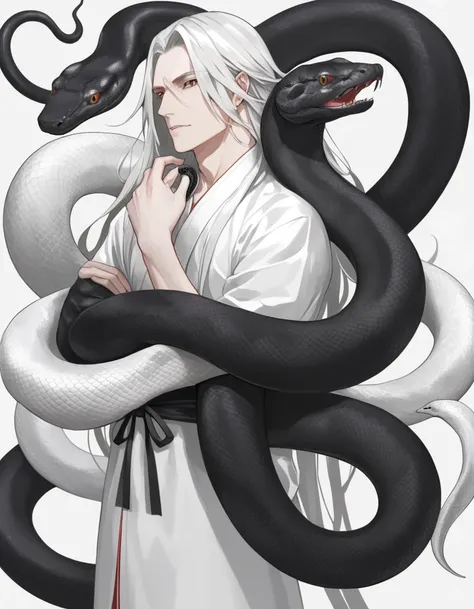 Long hair man，White snake and black snake coiled around