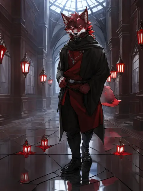 furry,sclera，red iris，A pack of red wolves Fury，Illustration of many red wolves,,Lights and reflections, heavily clouded, Architecture of medieval Europe, Glazed tiles,Hell version of the background