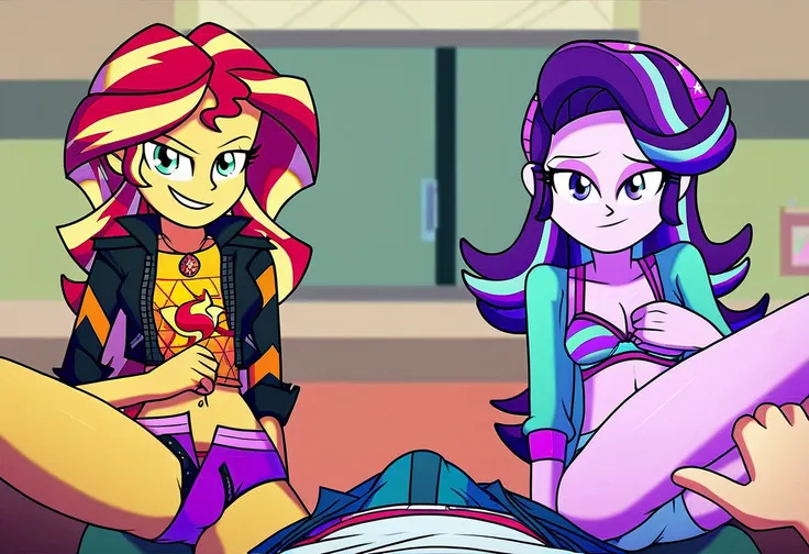 explicit, score_9, equestria_girls, cartoon, sunset_shimmer, starlight_glimmer, duo male, two girls and male pov, female, male, male pov, open fly pants, briefs, underwear, offscreen character, pov, View of the open fly in the pants and the girls located b...