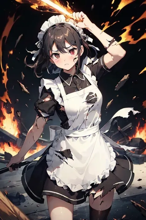 ((Highest quality:1.6)), ((Ultra-high resolution:1.6)), ((masterpiece)), (detailed:1.4), girl, cute, strong, Small breasts, ぼろぼろになりながらFighting with a large two-handed sword, (black and white maid outfit, Headband, ribbon, White apron, Long, Classic, Short ...