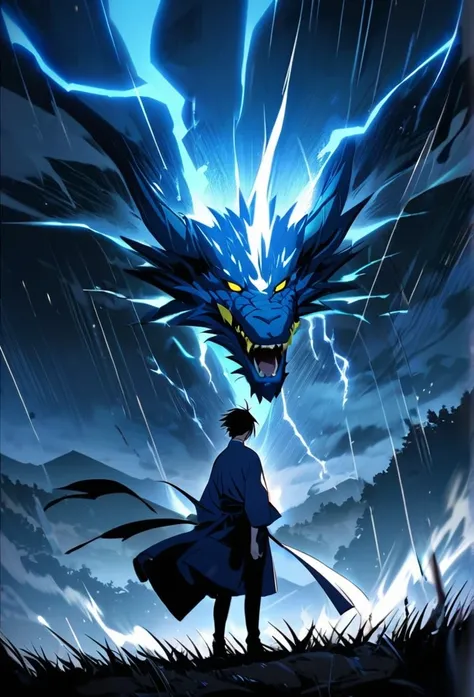 A man with long black hair and a blue kimono is standing in front of me.。Hair fluttering in the wind。A violent lightning strike with a blue glow behind it。rain。grassland。Night Sky。Big thunder。Oriental dragon flying in the sky。storm