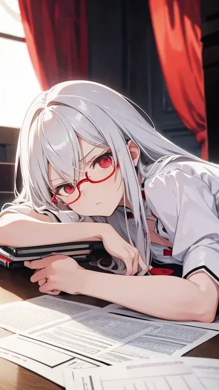 Super delicate white-haired cute girl, 1 Girl, Small Breasts, Long hair, curls, Red Eye, Wearing glasses , Researcher ,Lying on the table , An angry expression