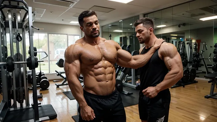 A standing bodybuilder showing his muscular and defined triceps after making a workout in a gym ambient