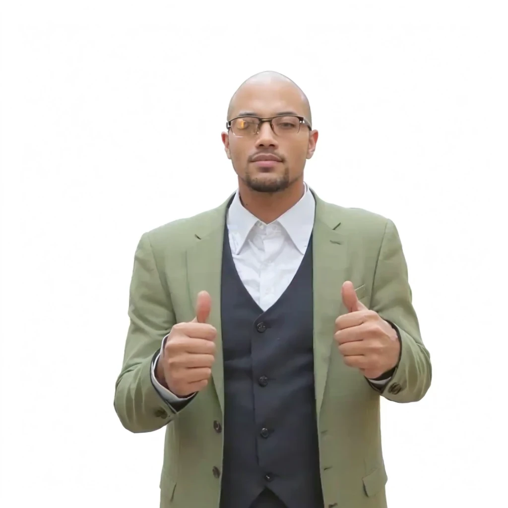 man in green suit and tie giving a thumbs up