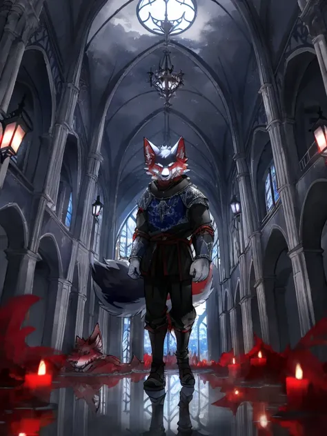 furry,sclera，red iris，Red Wolf，White Wolf，Hybrid Wolf,,Lights and reflections, heavily clouded, Architecture of medieval Europe, Glazed tiles,Hell version of the background