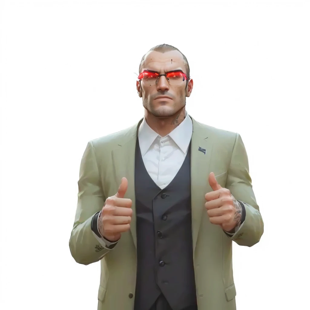 a close up of a person in a suit and tie giving a thumbs up, like a GTAV character, as a character in Tekken, 3D Demo Reel Avatar, gta character, complete cinematic character, 4k detailed human!!!, as the protagonist of gta 5, Realistic 3d character, in ga...