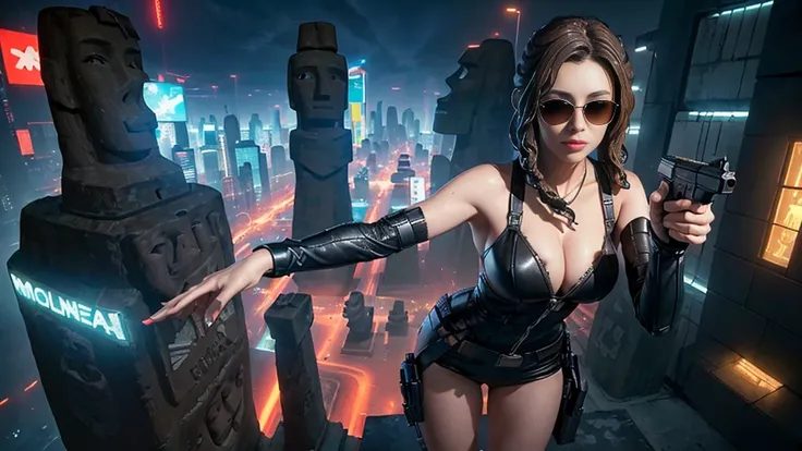 At night, dark sky, aerial view of fantasy cyberpunk style ((Moai-statue)) city, ((flying vehicle)). ((1girl, solo, alone)), photo realistic, medium-breast:1.1 slim body, cleavage, sexy clothes, (black sunglasses), (((hip-up standing and pistol aiming pose...