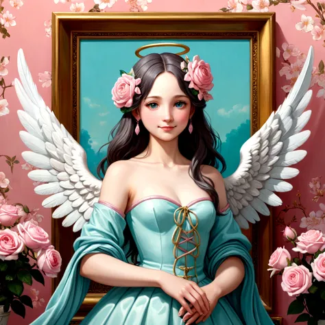 kawaii、Pale pink color illustration、(Angel wings、😇、a smile、😌🥰Archaic Smile).hyper realstic、Ultra-realistic、Depiction of the human body without distortion、Monna Lisa、Woman in the Arms、Near and far law、Three-dimensional、Contemporary painting、moderno、world ma...