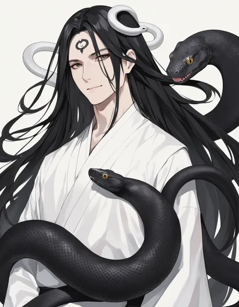 Long hair man，White snake and black snake coiled around