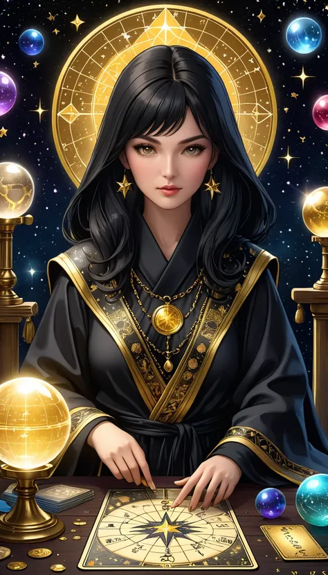 華やかなTarot Cards, A female astrologer in a robe、Sitting quietly at a table full of symbols、He had a crystal ball with a star chart.。, The card has text at the bottom, Close up on face, Tarot Cards, Very high texture, Front and both sides, Full of mystical m...