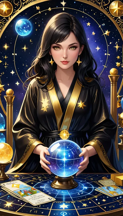 華やかなTarot Cards, A female astrologer in a robe、Sitting quietly at a table full of symbols、He had a crystal ball with a star chart.。, The card has text at the bottom, Close up on face, Tarot Cards, Very high texture, Front and both sides, Full of mystical m...