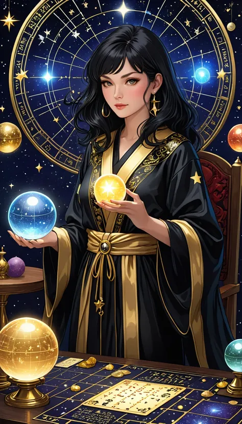 華やかなTarot Cards, A female astrologer in a robe、Sitting quietly at a table full of symbols、He had a crystal ball with a star chart.。, The card has text at the bottom, Close up on face, Tarot Cards, Very high texture, Front and both sides, Full of mystical m...