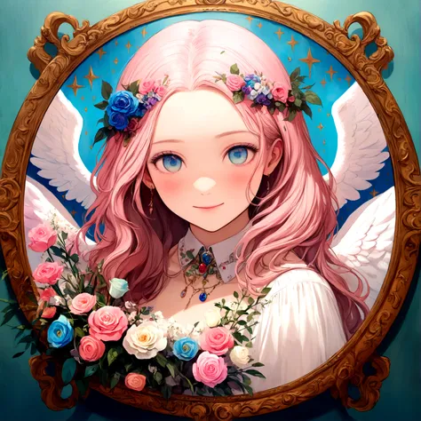 kawaii、Pale pink color illustration、(Angel wings、😇、a smile、😌🥰Archaic Smile).hyper realstic、Ultra-realistic、Depiction of the human body without distortion、Monna Lisa、Woman in the Arms、Near and far law、Three-dimensional、Contemporary painting、moderno、world ma...