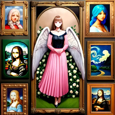 kawaii、Pale pink color illustration、(Angel wings、😇、a smile、😌🥰Archaic Smile).hyper realstic、Ultra-realistic、Depiction of the human body without distortion、Monna Lisa、Woman in the Arms、Near and far law、Three-dimensional、Contemporary painting、moderno、world ma...