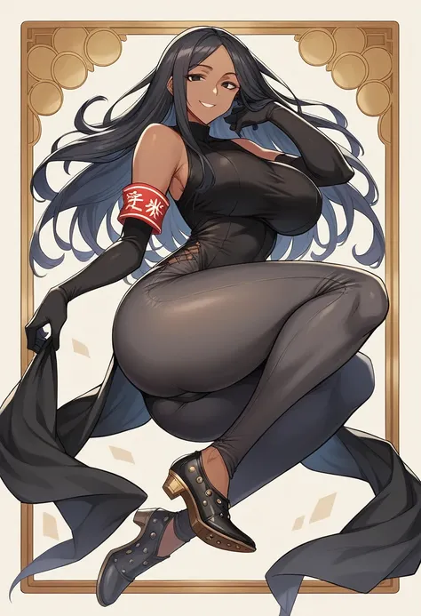 (masterpiece), (best quality), (Extremely detailed),Extremely detailed CG unity 8k wallpaper,Official Art,Expressive eyes,Solitary, (Arm stretch, Smile 1.2), (1 Girl, Mature female, Large Breasts, Big Ass，Black Hair, Long hair, black eyes, Dark-skinned wom...