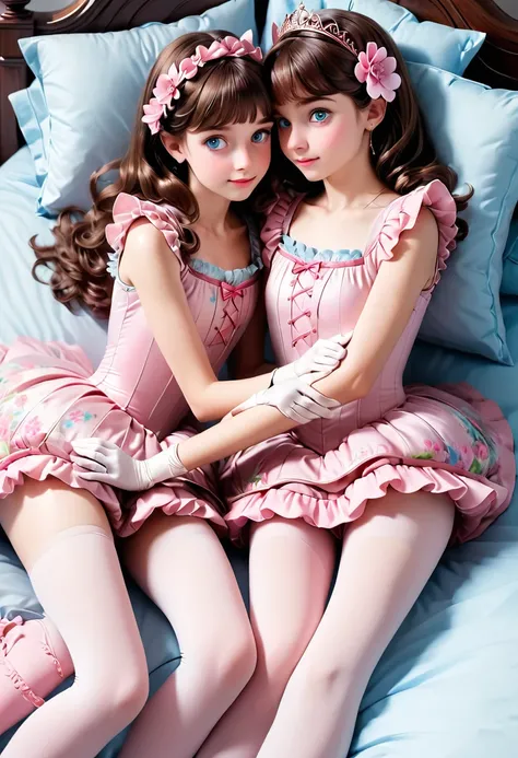 (Style-Princess) (1 man, 1 catgirl) (hetero, couple) (crossdressing, fully clothed) (brown hair, blue eyes) (portrait) (womens clothes only) (womens beautifully feminine skintight velvet floral print frilly girly pink adorable ballet leotards) (white opaqu...