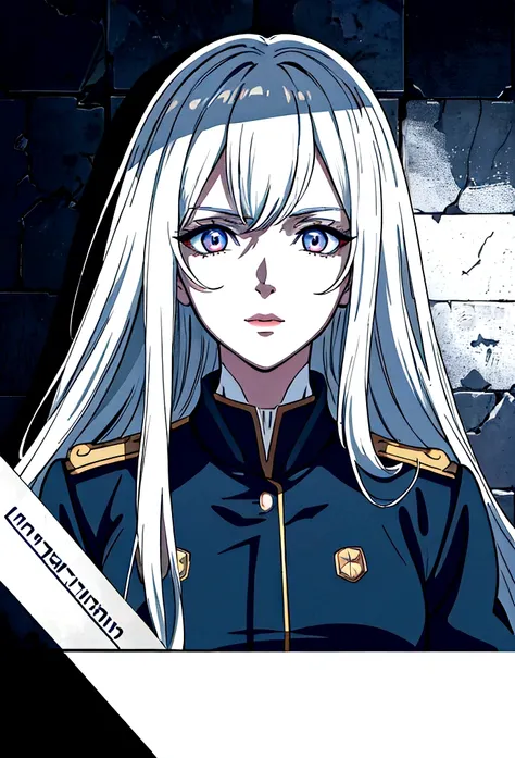 (best quality,4k,8k,highres,masterpiece:1.2),1girl,anime,military uniform,dark blue uniform,long white hair,white eyes,evil look,detailed face,detailed eyes,detailed lips,longeyelashes,digital art,cinematic lighting,dark moody atmosphere,dramatic shadows o...