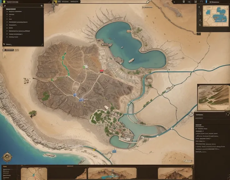 Close up of a desert area map with a river, Game Map, Steam Workshop Map, in the game image, in the game, Battle Map Props, R / strategic map, Game Coverage, Game Map matte painting, Look down at the map, Grid-free DND map, Map Layout, Combat Position, Bac...