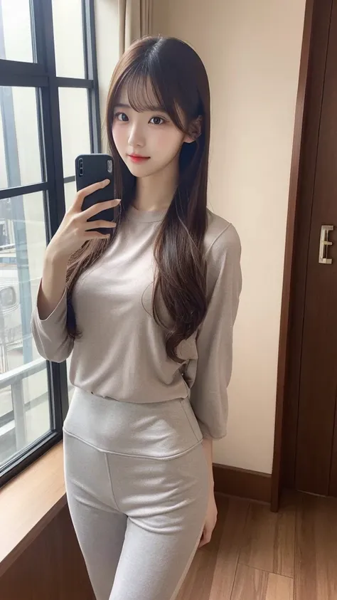 korea beauty, long hair, tight clothes, room with sunny window, selfie --s 750 --v 6.0, (mix4:1.0)