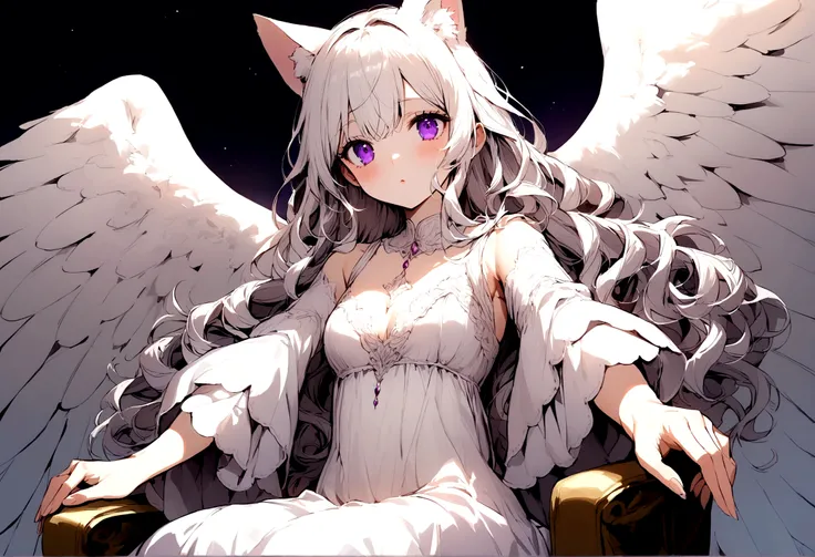 beauty,Long Wavy Hair,White hair is very attractive, Detailed and precise manual work, Attractive girl, White cat ears,Purple eyes and white eyelashes,light in your eyes,Big angel wings,Arms stretched out,delicate, A fluffy white dress like a cloud, Hand-d...