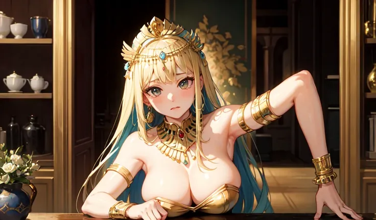 ((Highest quality)), ((masterpiece)), (detailed), Beautiful Cleopatra feels very embarrassed in the palace,Gold ornaments,sexy