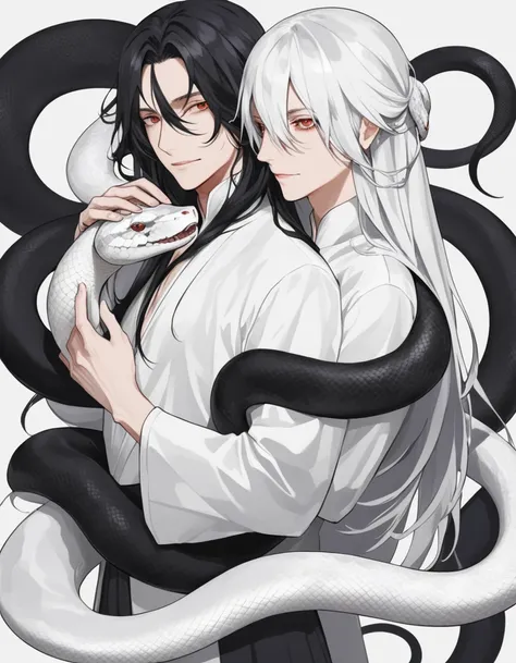 Long hair man，White snake and black snake coiled around