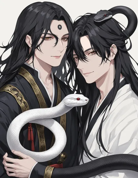 Long hair man，White snake and black snake coiled around