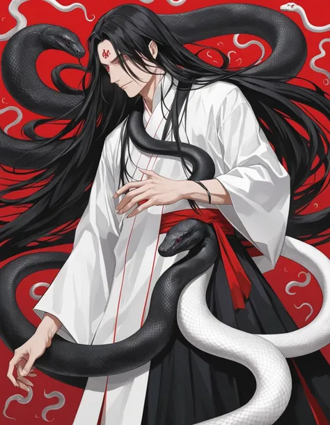 Long hair man，White snake and black snake coiled around