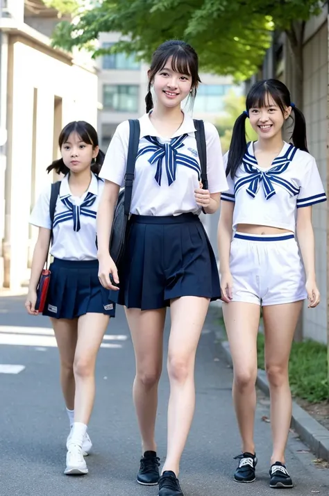 {2 | 3} girls walking in school street,white school t-shirt with blue trim,navy blue speedo swimming briefs,school bag,18-year-old,bangs,a little smile,thighs,knees,short hair with low pigtails bunches,from below,front light