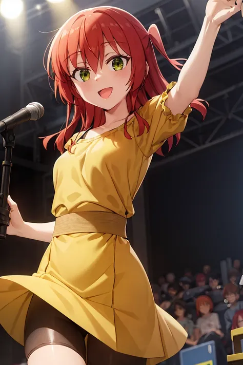 room, 1 Girl, Highest quality, Ultra-high resolution, Long Hair, Redhead, Green Eyes, Pouch dress, Yellow Dress, Short sleeve, Bike Shorts, Looking at the audience, Small breasts, Are standing, throw, slim body,  body, , smile, Open your mouth,