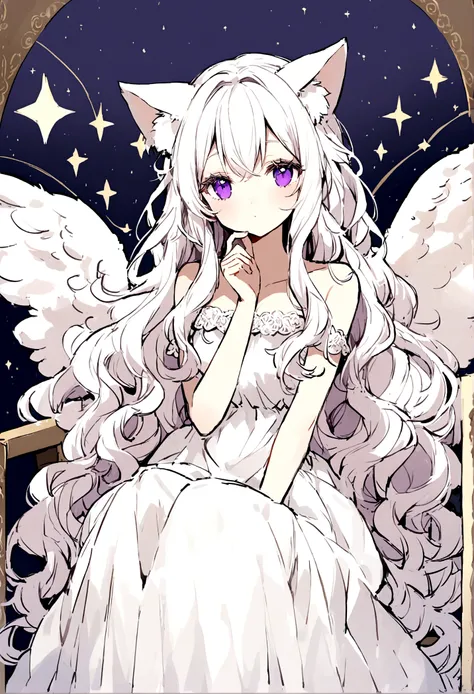 beauty,Long Wavy Hair,White hair is very attractive, Detailed and precise manual work, Attractive girl, White cat ears,Purple eyes and white eyelashes,light in your eyes,Big angel wings,delicate, A fluffy white dress like a cloud, Hand-drawn illustration,S...