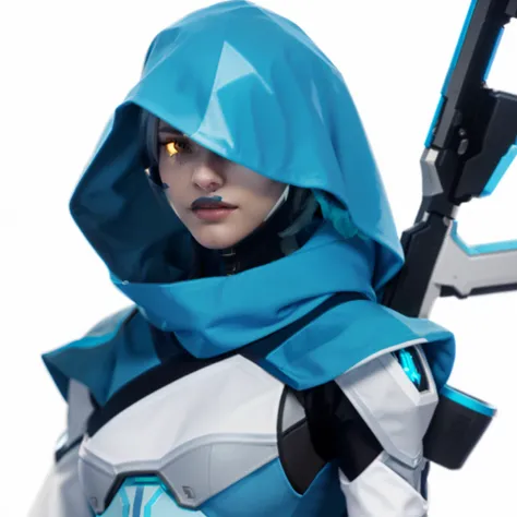 a close up of a person with a gun in a blue hoodie, echo from overwatch, style of duelyst, as an overwatch character, cyborg merchant girl, ashe, from overwatch, valorant character, cyberpunk nun warrior, girl in mecha cyber armor, sage ( valorant ), overw...