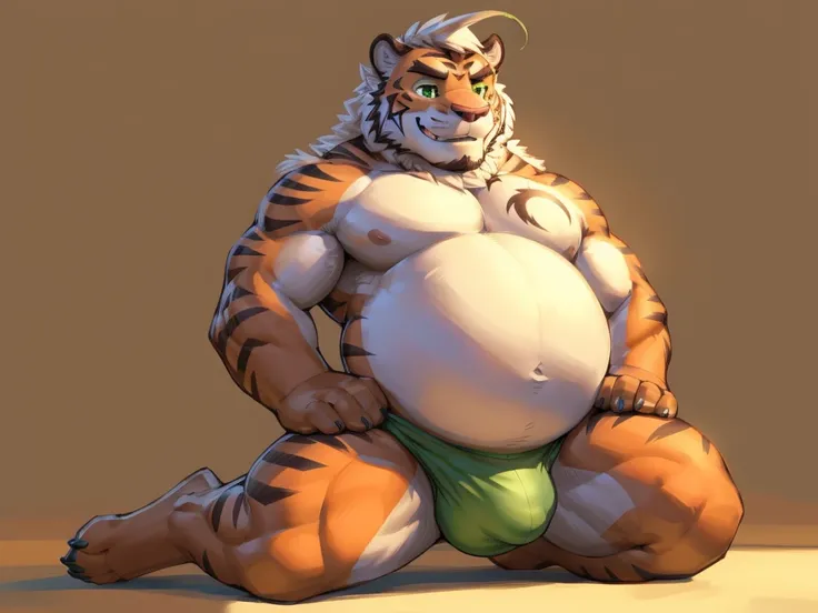 Tiger Man, Alone, (soft shading), 4k, anything, ((detailed face, detailed eyes, detailed)), (whole body), por zackary911, by zaush, (by personals:0.5), muscular, muscular male, only, (chubby), stomach, green eyes, pose, Alone, SMILE, 1 chico, big belly, ni...