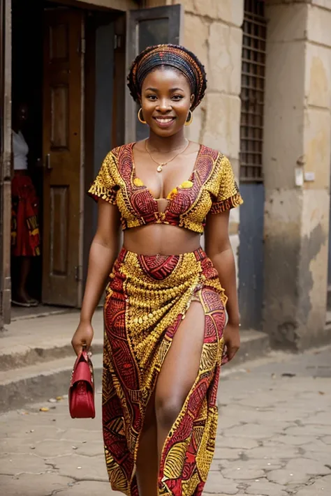 Create an image of a 23-year-old African woman, exuding happiness, dressed in a beautiful red ankara, she should be very thick and realistic . She should be walking down a street with the confidence and grace of a fashionista. The scene should be simple an...