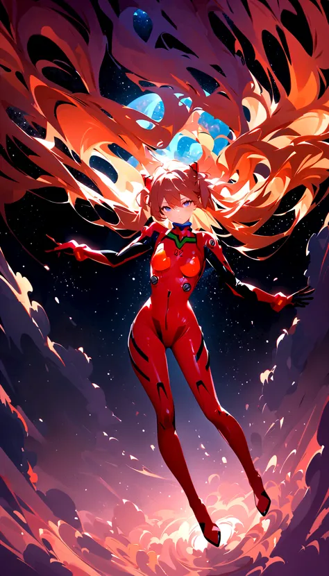 1girl, solo, looking at viewer, full body, standing, long hair, asuka cosplay costume, cosplay, plugsuit, bodysuit, hair ornamen...