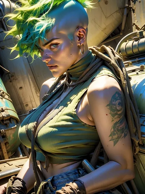 ((( fully body ))), master part, best qualityer, super detaill, 8K, gorgeous woman, Stefania Ferrario as a Tank Girl, parted lips, green mohawk hair, Punk Girl, shorts curt com cinta liga, post-apocalyptic world, with a tank in the background, (( of the ta...