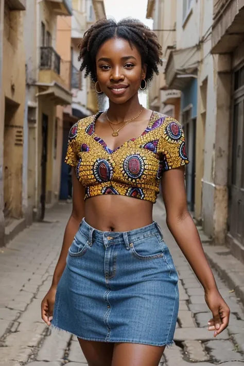 Create an image of a 23-year-old African woman, exuding happiness, dressed in a beautiful denim skirt and beautiful top, she should be very thick and realistic . She should be walking down a street with the confidence and grace of a fashionista. The scene ...