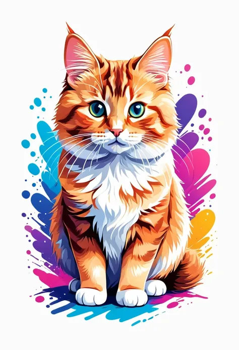 a t-shirt with graphic design art, flat illustration of a cute kurilian bobtail cat, colorful tones, highly detailed cleanliness...