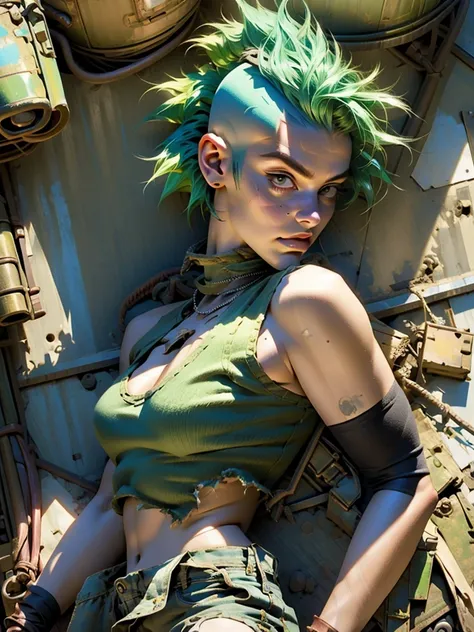 ((( fully body ))), master part, best qualityer, super detaill, 8K, gorgeous woman, Stefania Ferrario as a Tank Girl, parted lips, green mohawk hair, Punk Girl, shorts curt com cinta liga, post-apocalyptic world, with a tank in the background, (( of the ta...