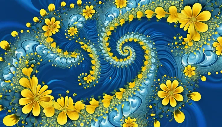 yellow flowers are growing on a blue surface with a spiral design, digital art by benoit b. mandelbrot, deviantart, psychedelic ...